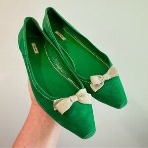 Miu Miu Green Suede Snub Toe Bow Ballet Flats Size 36